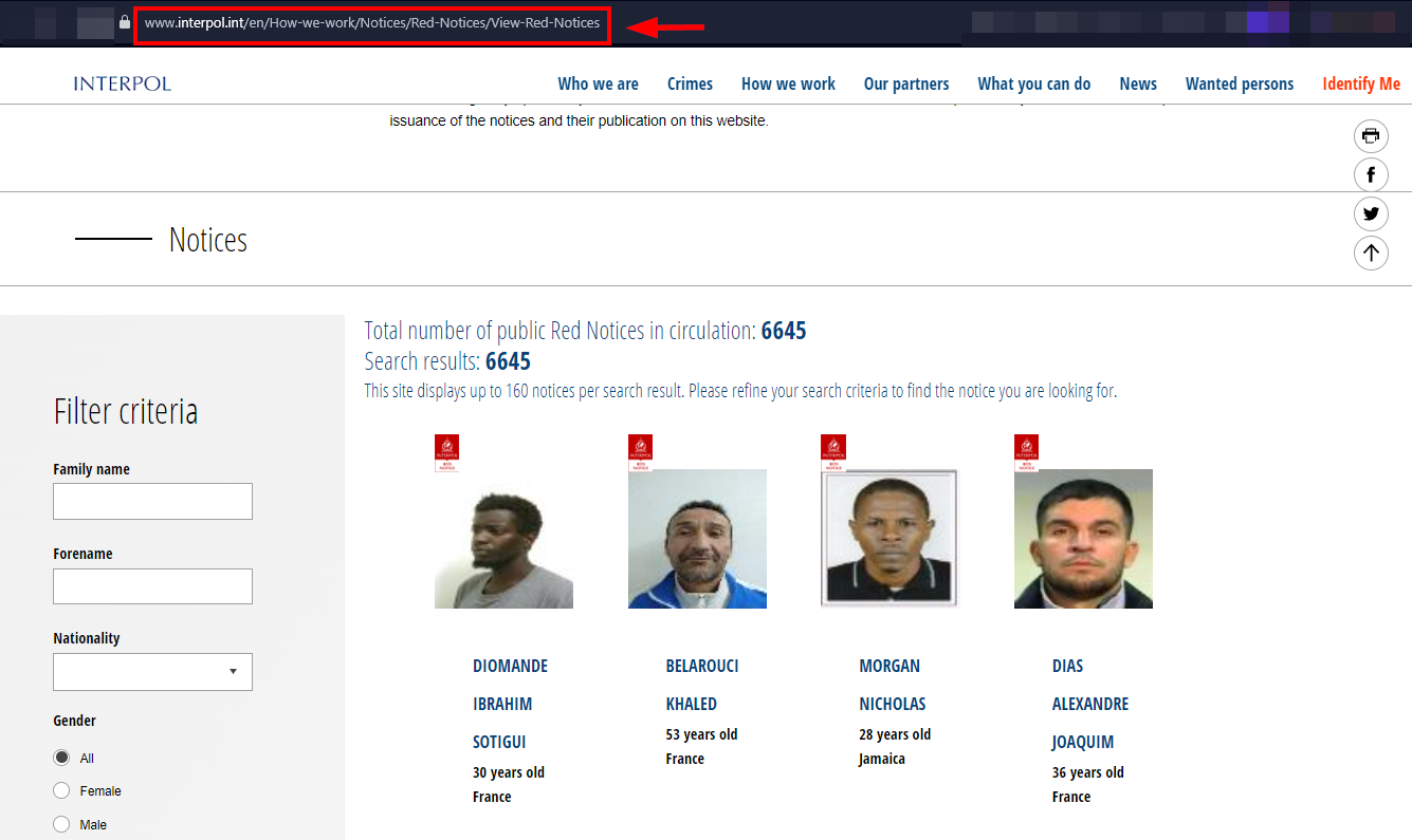 Interpol public Red Notice database