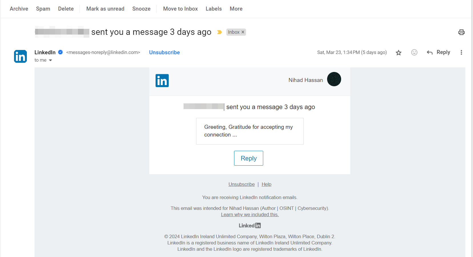 Figure 1- LinkedIn email notification screenshot