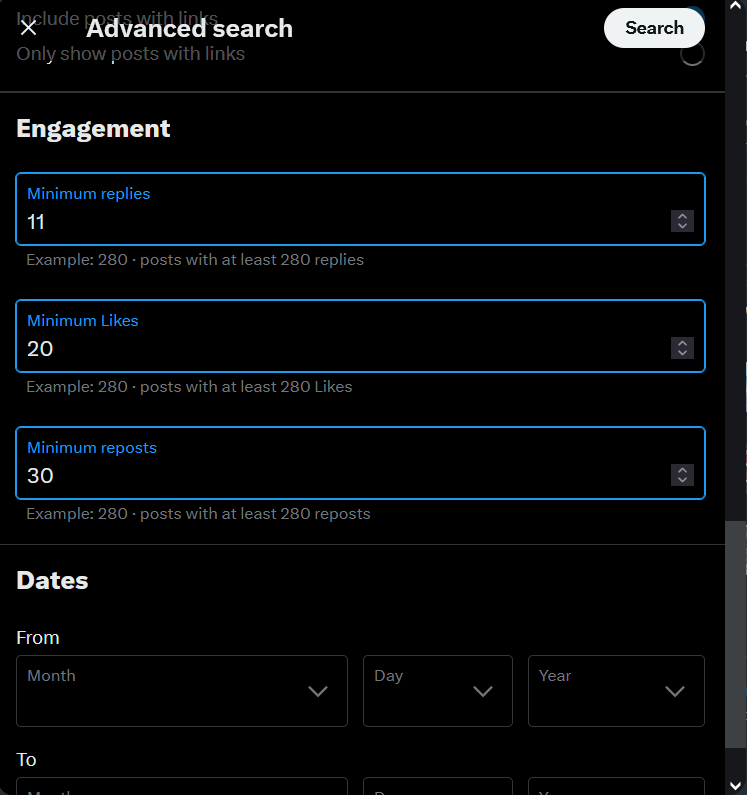 The engagement section allows the return of posts that meet specific criteria (number of likes, reposts and replies)