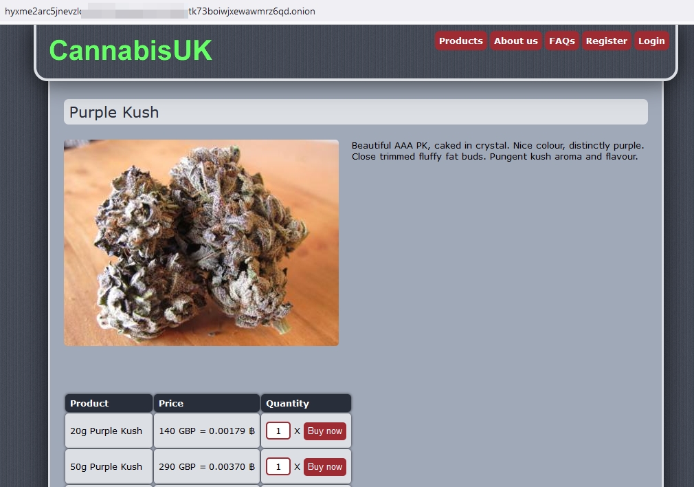 An Onion website selling drugs using Bitcoin (advertised on the Tor darknet)