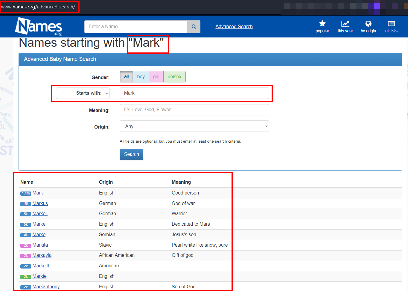 Using the names.org service to find the meaning of names in different cultures