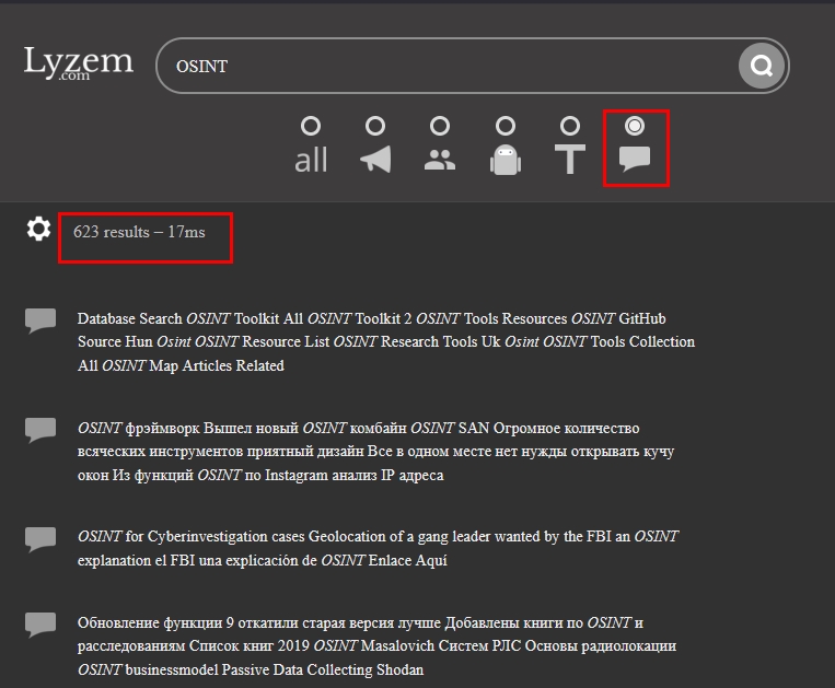 Lyzem allows searching within groups and channels text messages