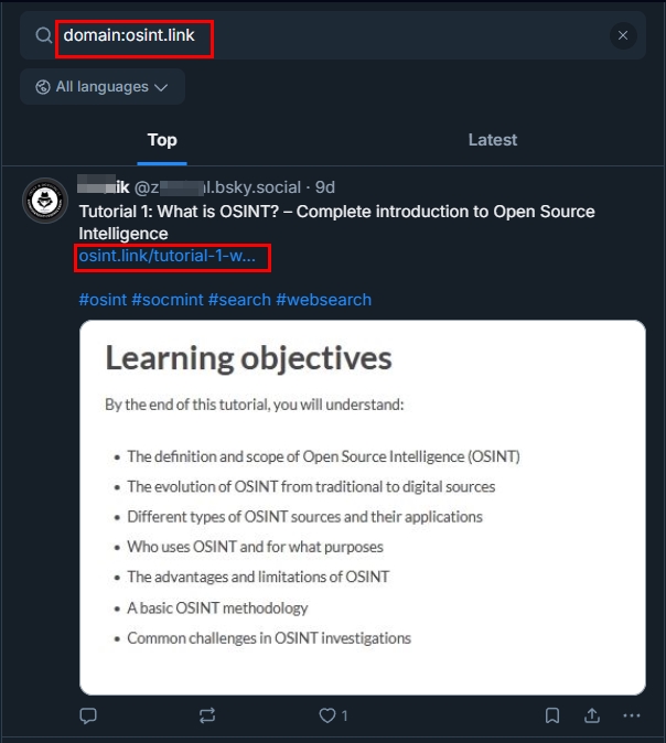 Use the domain search operator to find all posts containing a specific URL