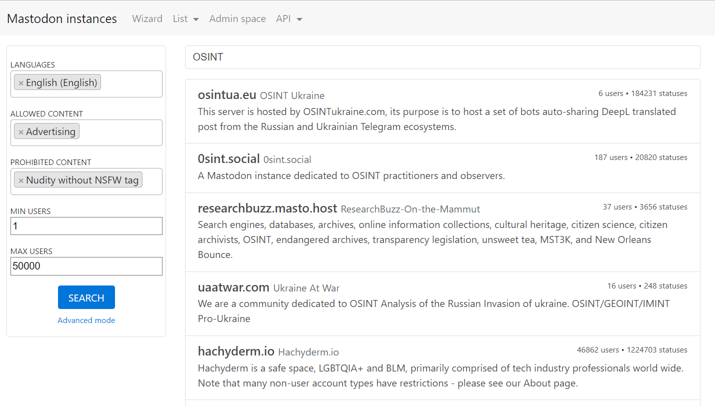 A screen capture shows details of Mastodon instances. The search box is filled with English Language, Advertising and Nudity without NSFW tags, with a minimum of one user and maximum of 5000. The search results reveal several sites meeting the criteria.