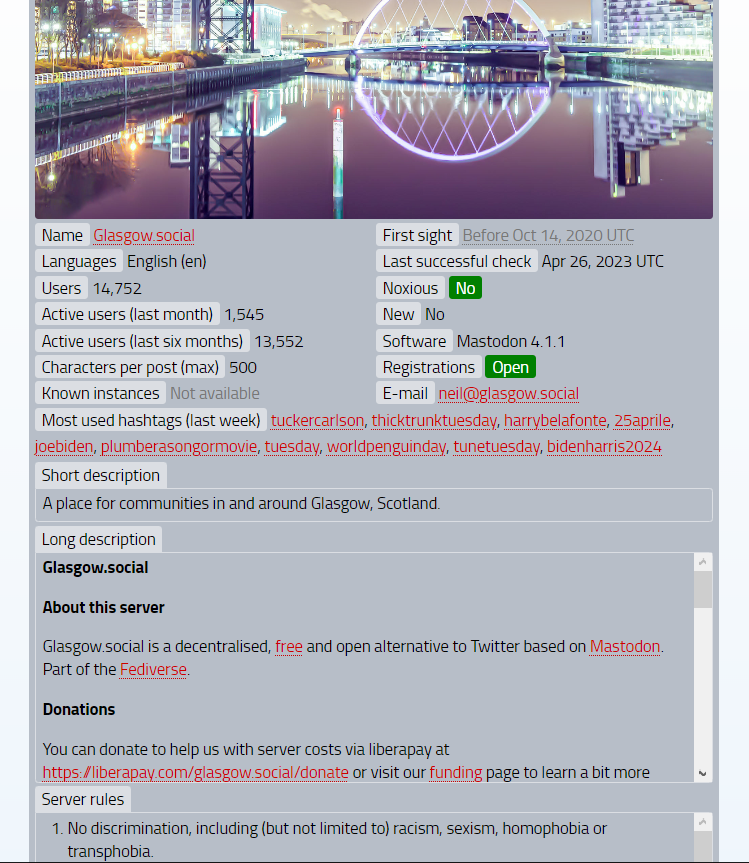 A screen capture shows search results of a specific Mastodon instance called Glasgow.social. The results detail the language, users, creation date, hashtags and other details about the instance including the registered email.