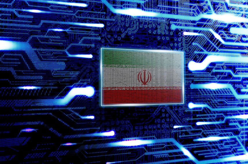 Flag of Iran superimposed on a vivid digital circuit board background.