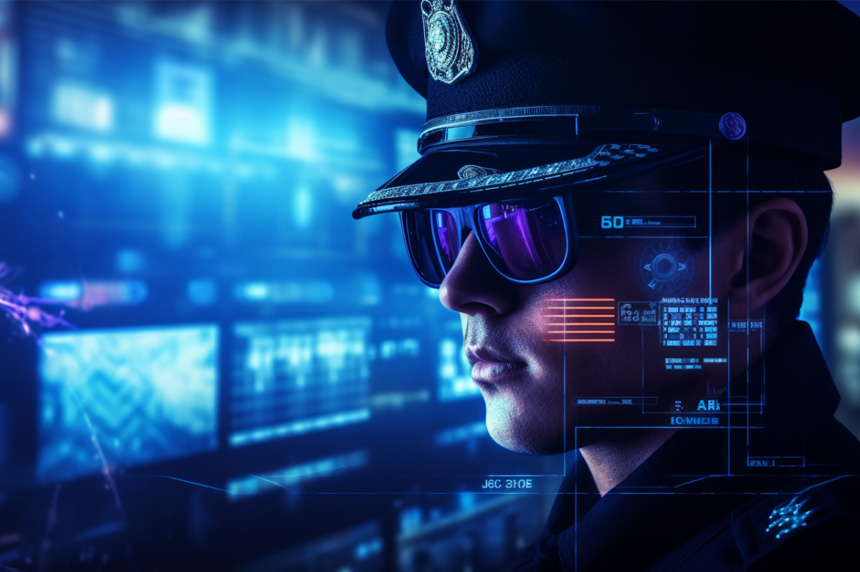 Police officer with sunglasses staring at technological screens