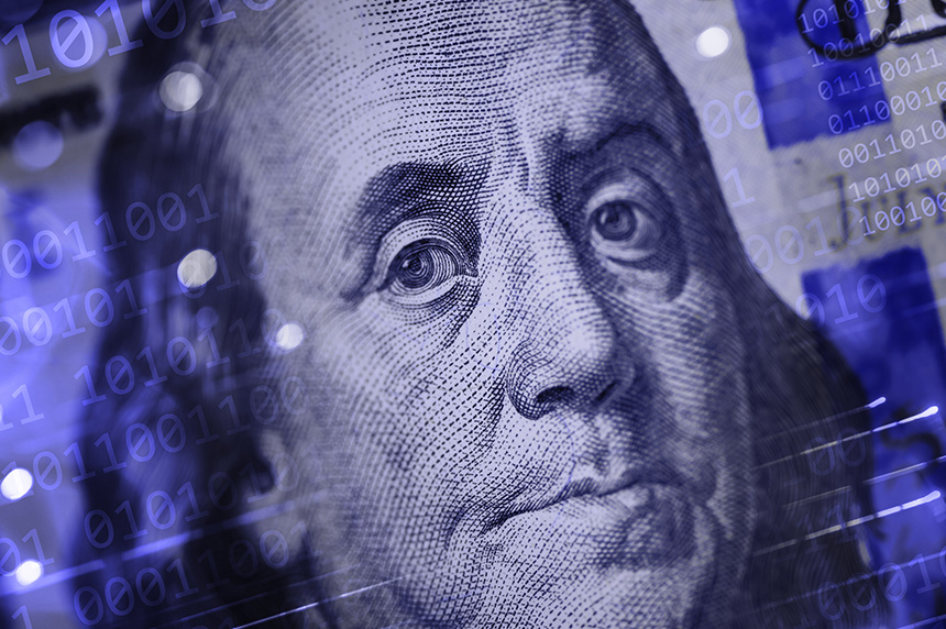 Digital image featuring a watermark of Benjamin Franklin on a background of binary code