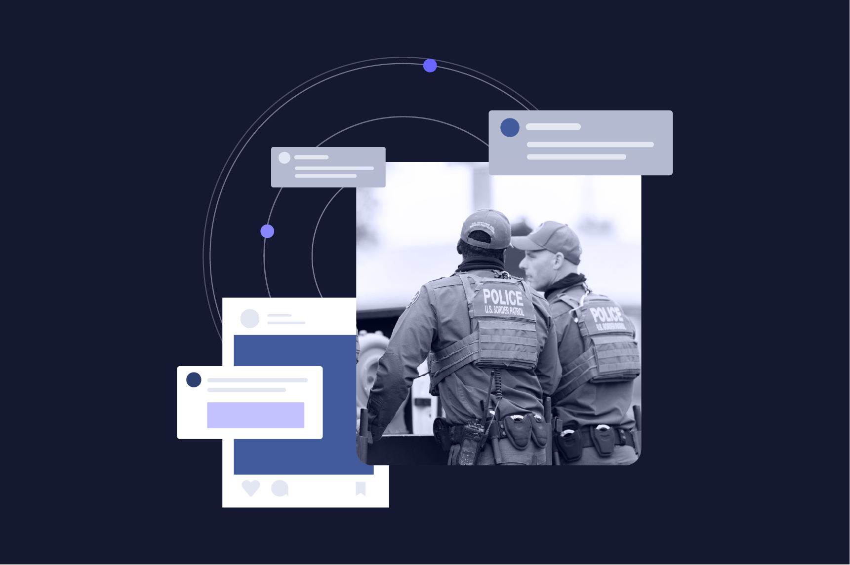 Two police officers observing a digital interface with various chat bubbles and icons, symbolizing online communication or monitoring.