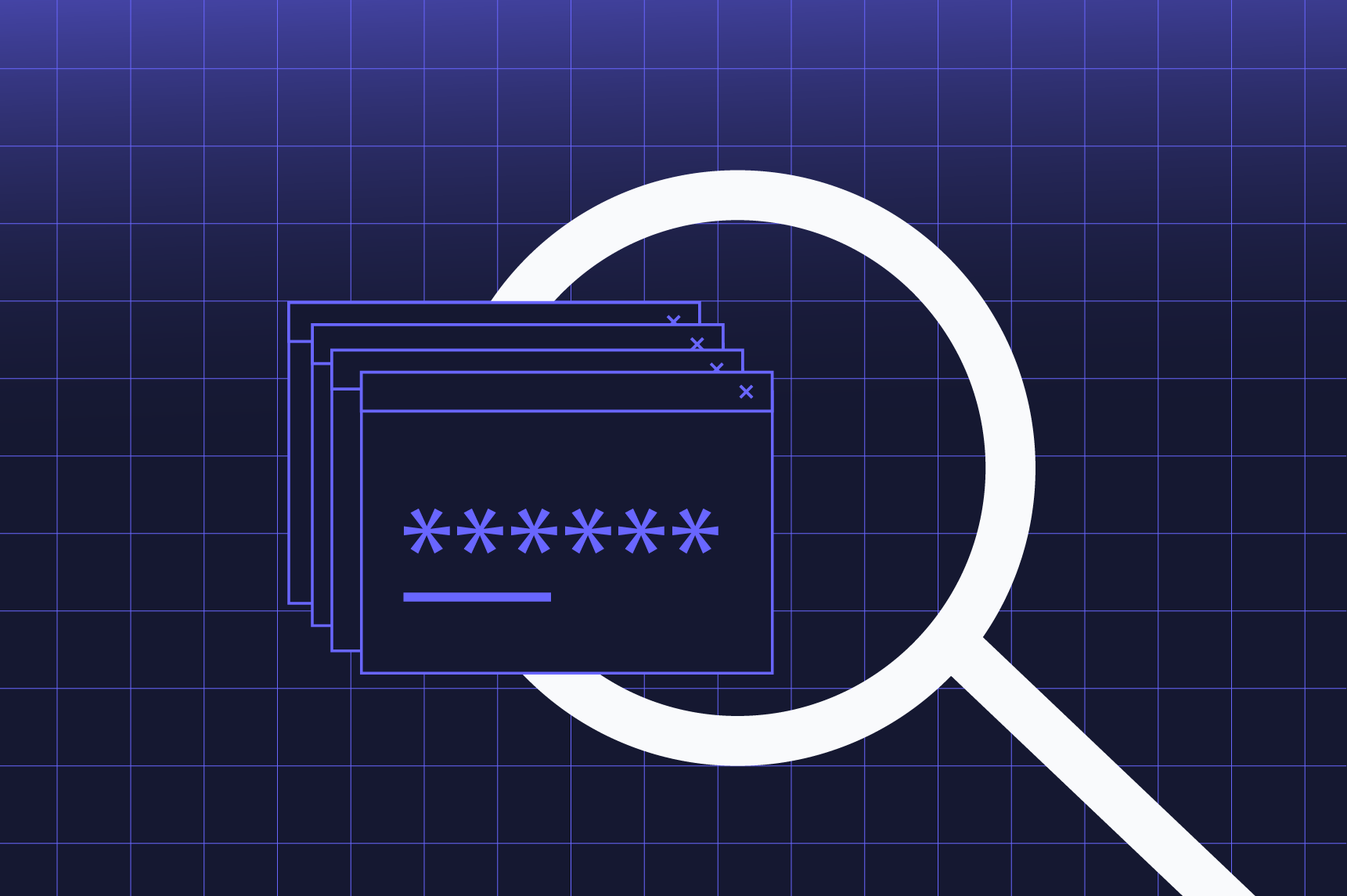 Illustration of a magnifying glass focusing on a set of obscured documents with asterisks representing hidden text, set against a blue grid background.