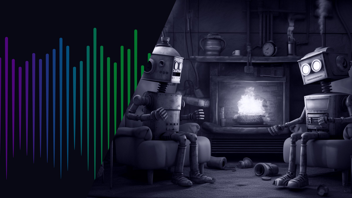 Two robots sitting by the fireplace with a black and white filter over them and NeedleStack logo on left hand side