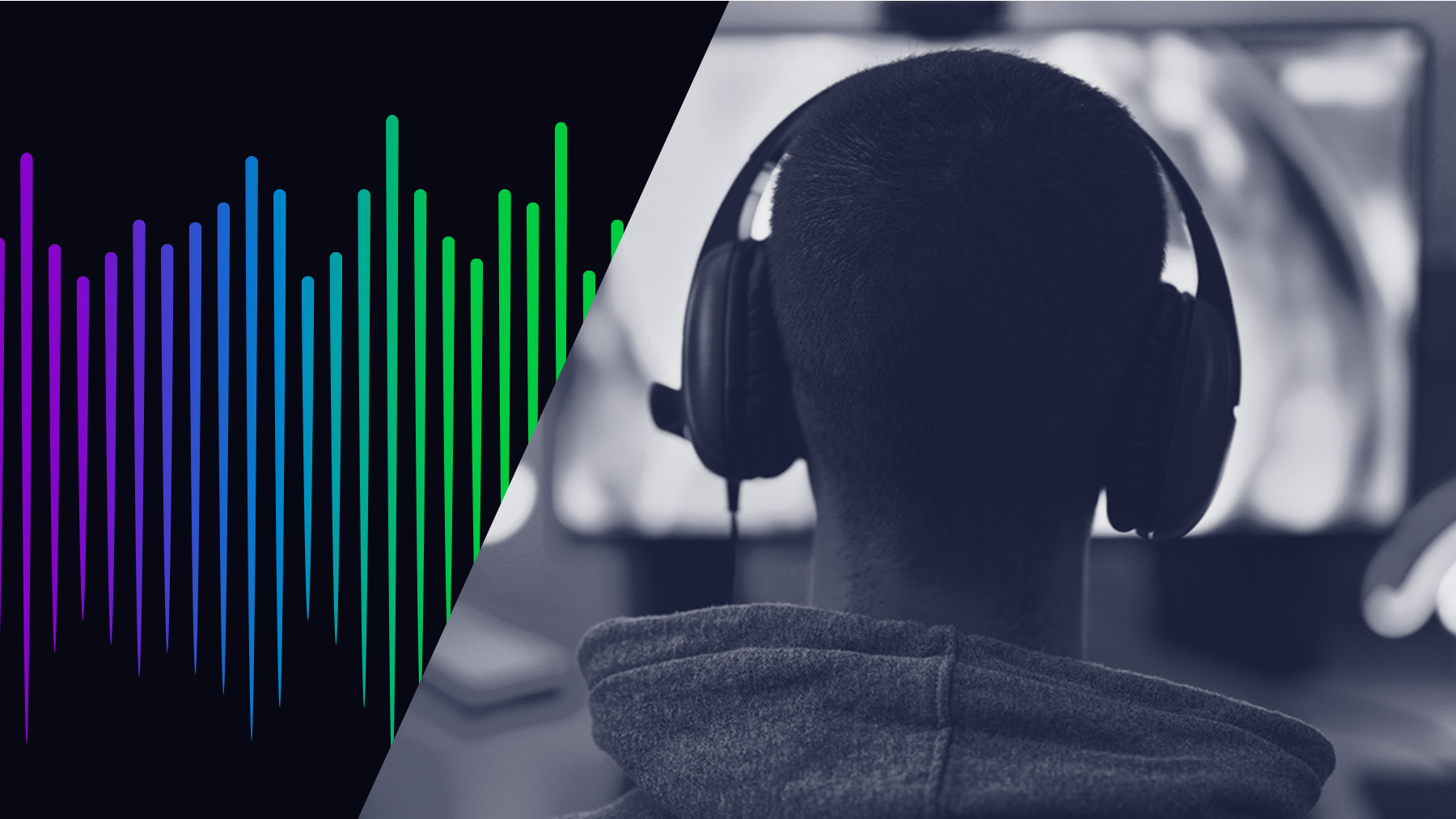 Person with headphones facing a computer screen with a graphical representation of an audio waveform on the left side.