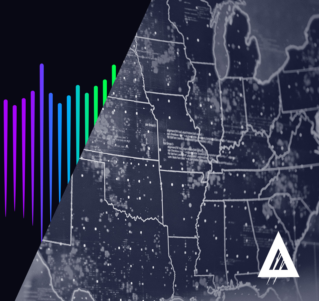 Graphic showing a split image with colorful audio waveforms on the left and a map of the United States highlighting state borders and city lights on the right.