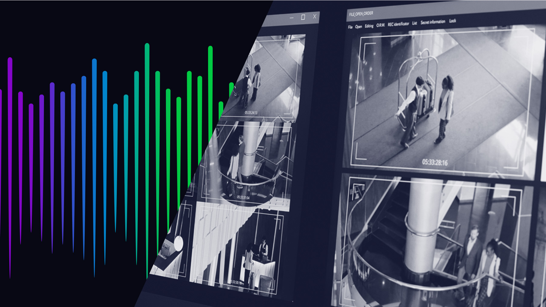 screens displaying surveillance camera footage