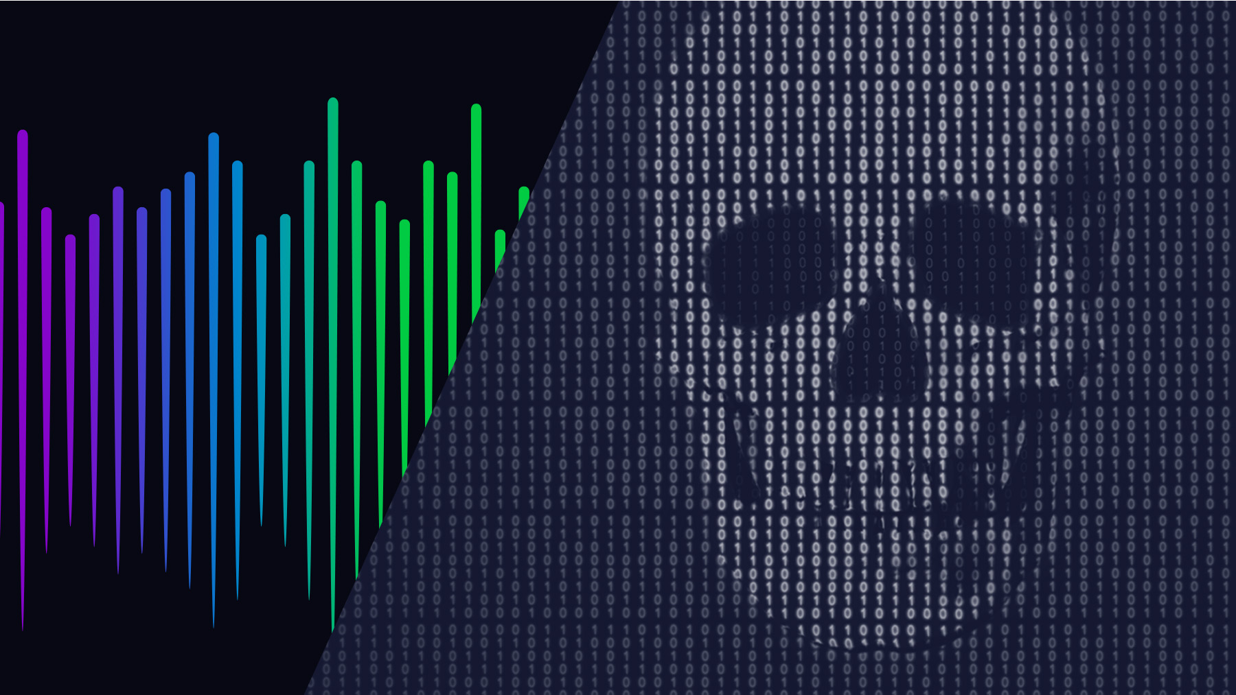 Skull made of binary code beside colorful audio waveform bars, split diagonally on a dark background.