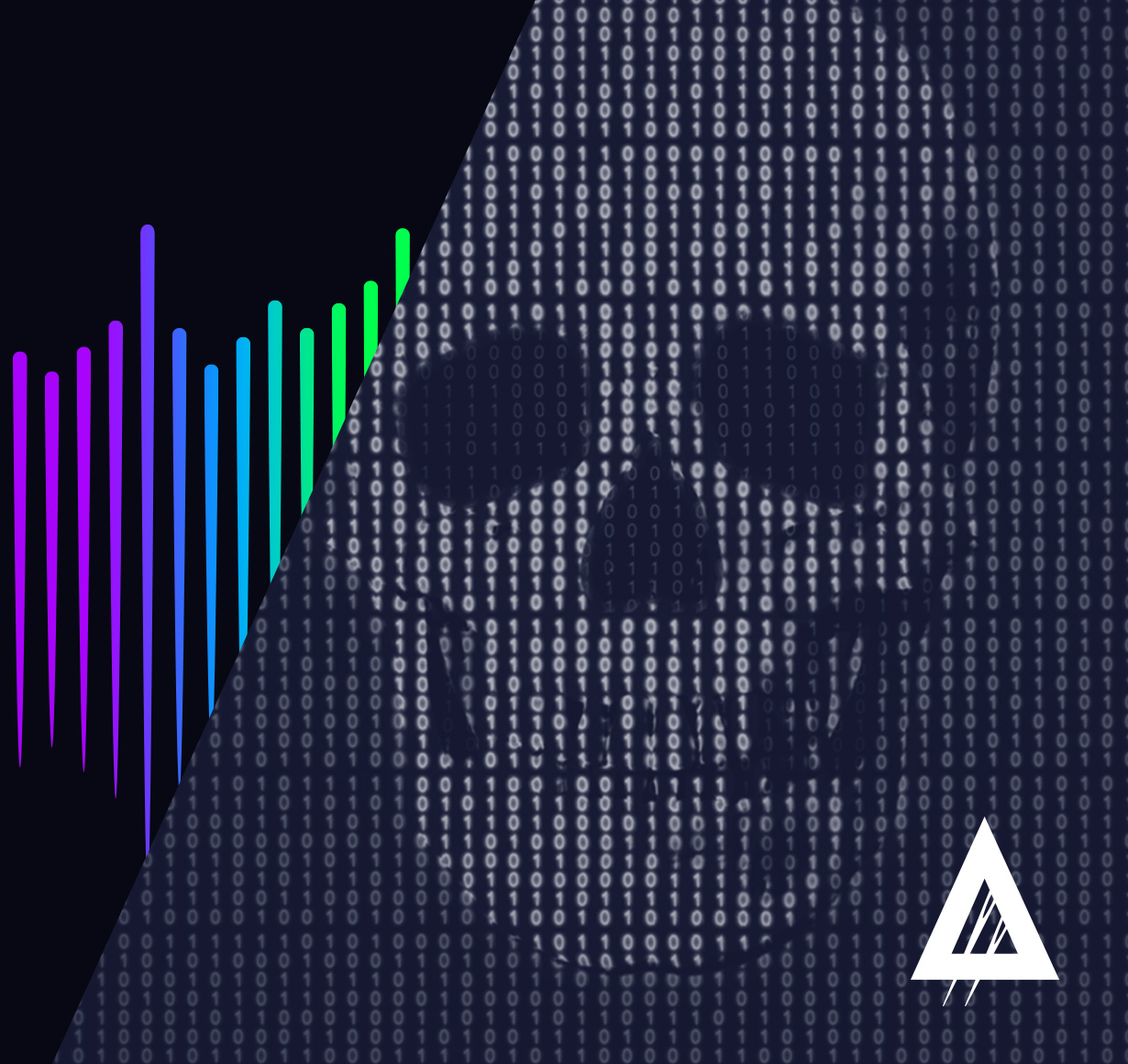 Skull made of binary code beside colorful audio waveform bars, split diagonally on a dark background with a triangular logo.