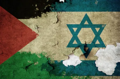 combined Palestine and Israel flag that is tattered