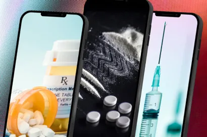 three mobile phones each with an image of drugs on their screen