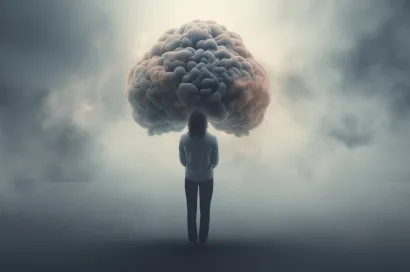 Person standing under a literal brain fog in a cloudy and stormy environment
