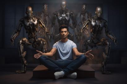 Man sitting in cross-legged position with robots behind him representing how AI can aid OSINT researchers