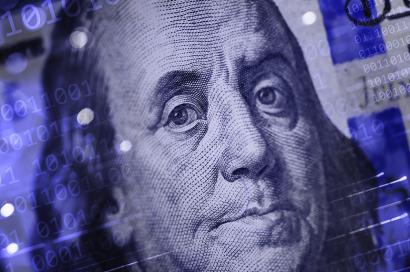 Digital image featuring a watermark of Benjamin Franklin on a background of binary code