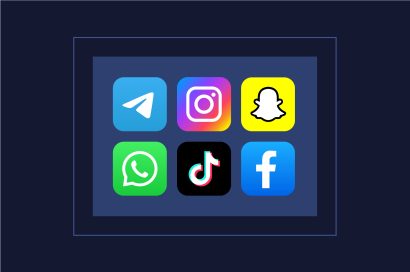 Social media icons sit in the middle of a blue background. Icons for Telegram, Instagram, Snapchat, WhatsApp, TikTok, and Facebook