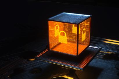 cybergraphic of box with lock symbol on its sides