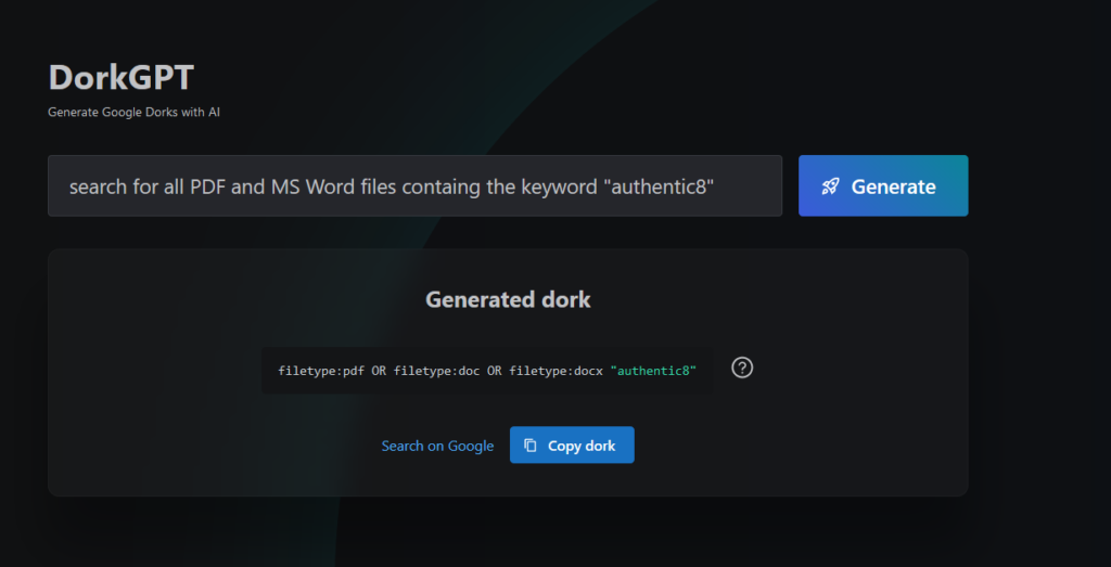 FIG 1 | Using DorkGPT to create Google dorks using AI technology