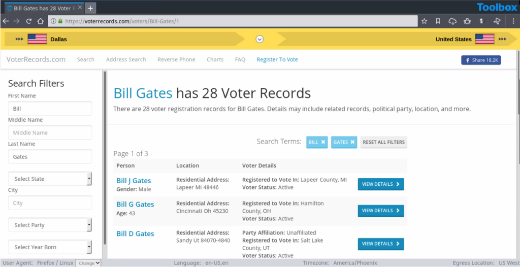 A screenshot of a search for "Bill Gates" using Voter Records