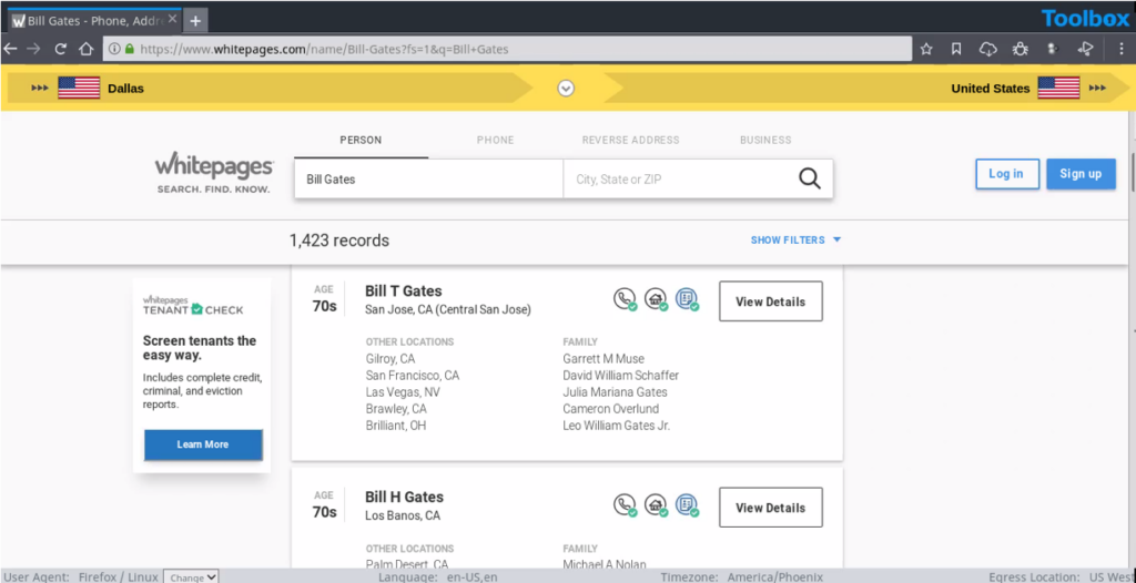 A screenshot of Whitepages