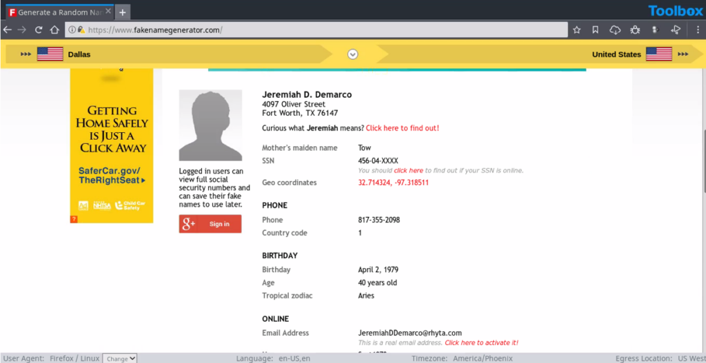 A screenshot of Fake Name Generator