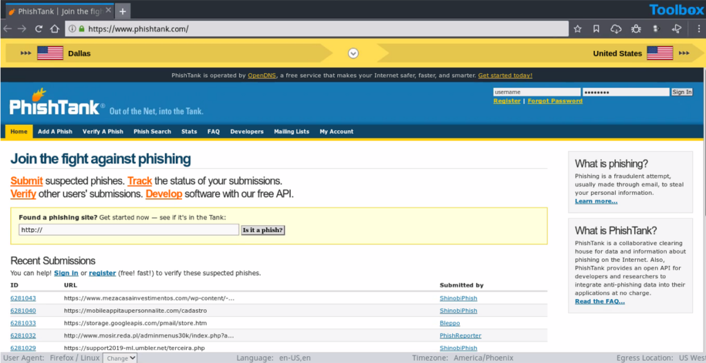 A screenshot of PhishTank's phishing database