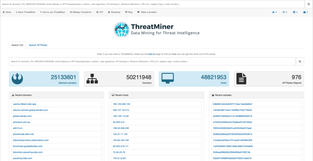 A screenshot of ThreatMiner's IoC database