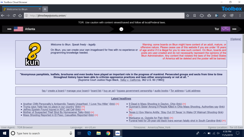 8kun's landing page in TOR