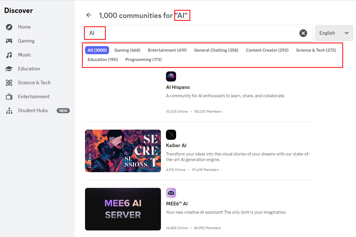 Discord search bar with results displayed for