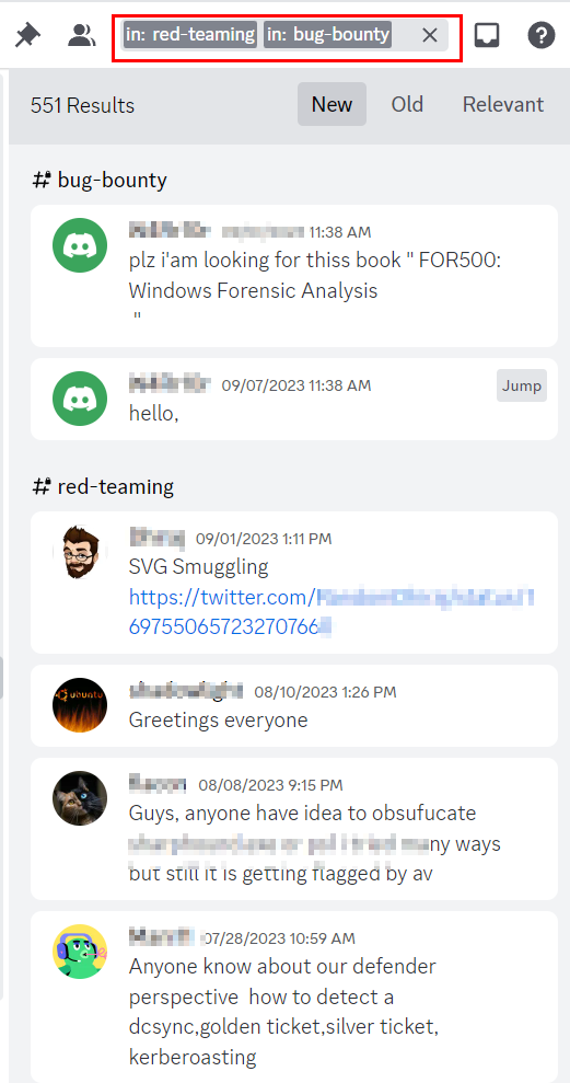A screenshot of using the In filter to specify the channels you want to search within in the currently opened server