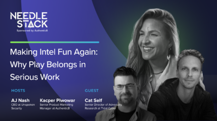 Text: Making Intel Fun Again: Why Play Belongs in Serious Work | E105; Hosts: AJ Nash and Kacper Piwowar, Guest: Cat Self; Image: Three floating heads of the guests and hosts, NeedleStack logo in the corner